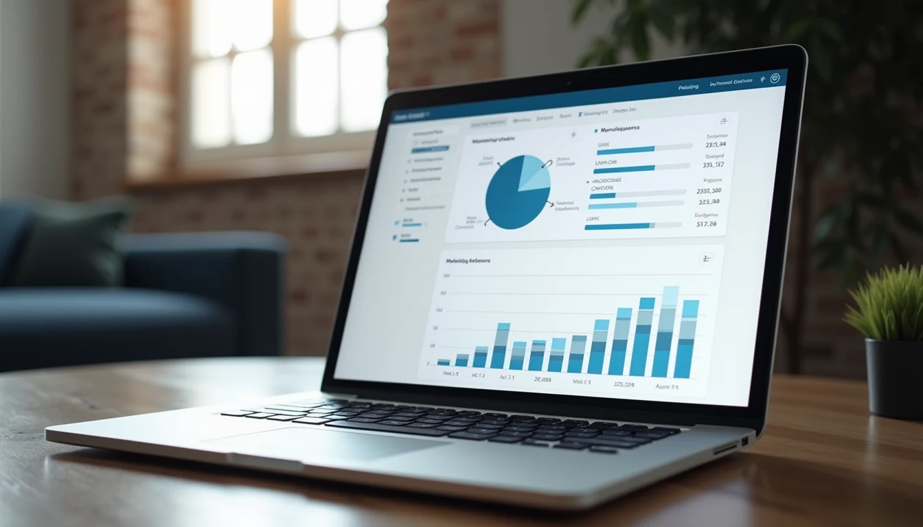 Close-up view of a laptop screen displaying marketing analytics dashboard