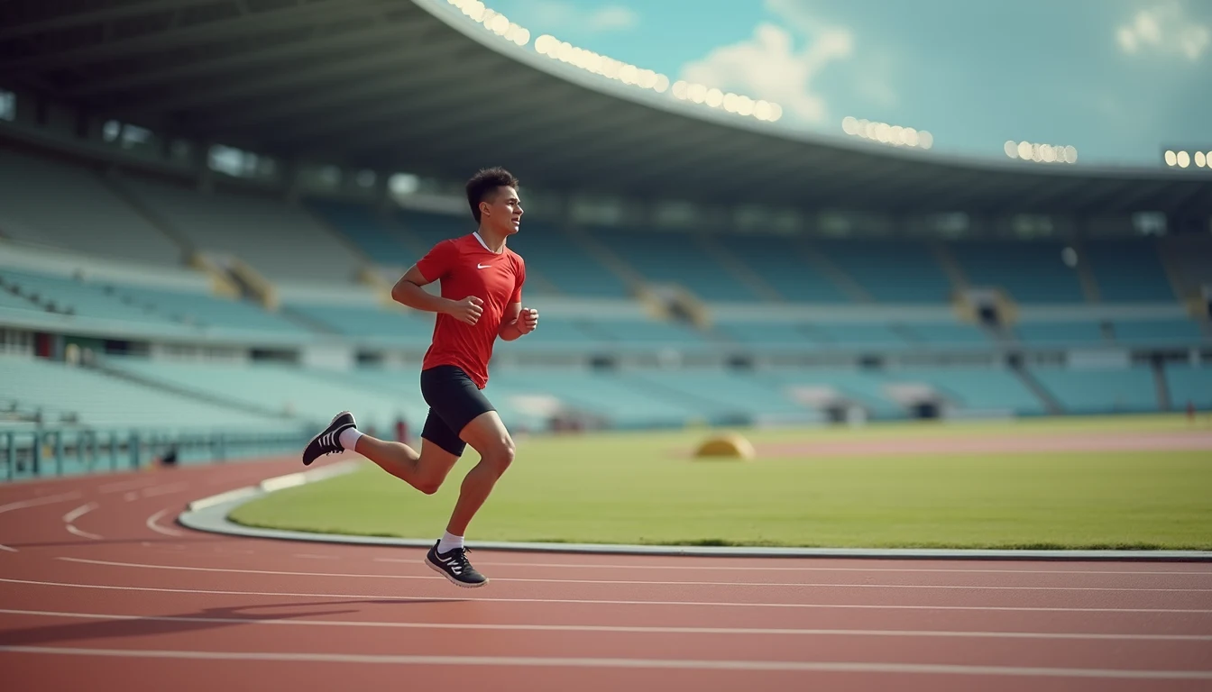 High angle view of a runner gaining speed on a track