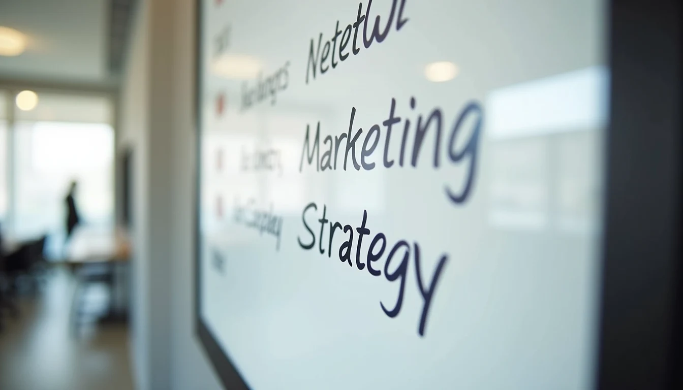High angle view of a whiteboard with sales and marketing strategy notes