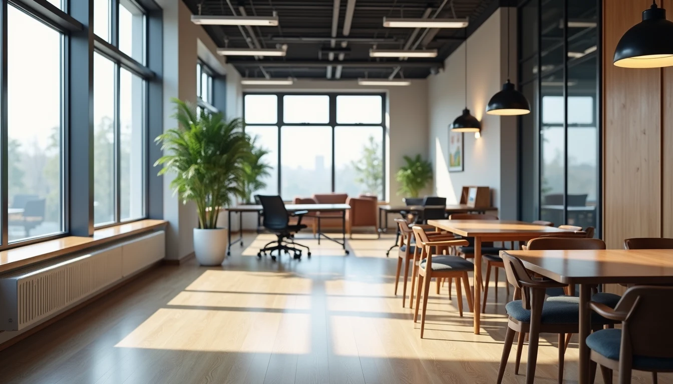 Wide angle view of a collaborative workspace with modern furniture