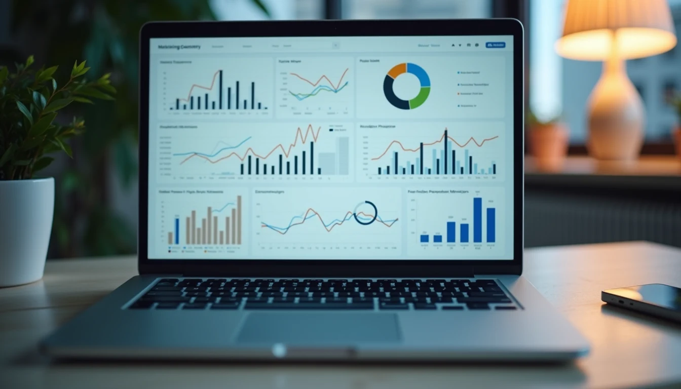 Close-up view of a laptop screen showing digital marketing analytics dashboard