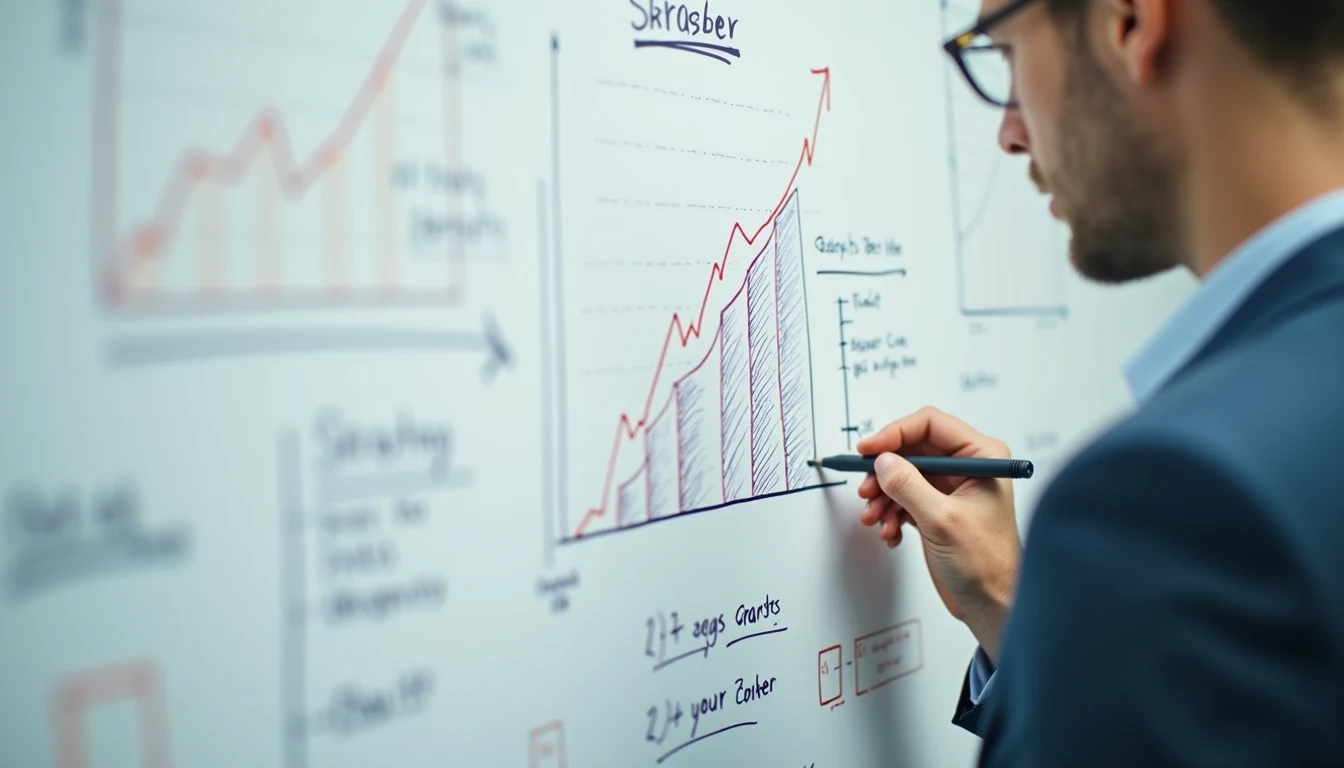 High angle view of a whiteboard with growth strategy diagrams