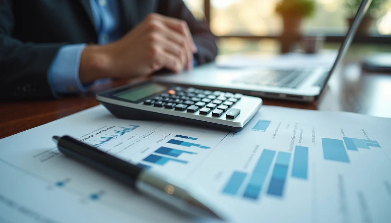 Eye-level view of a calculator on a financial report