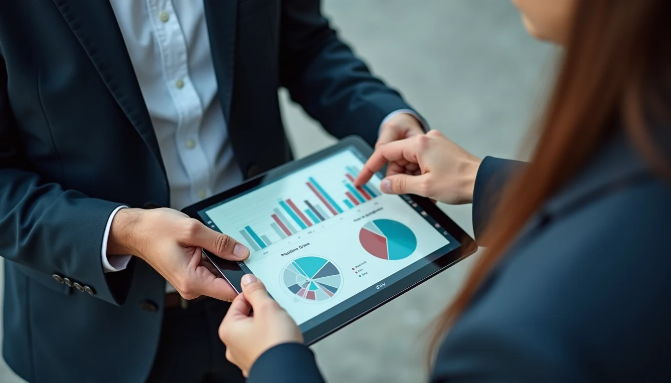 High angle view of two colleagues discussing data charts on a tablet