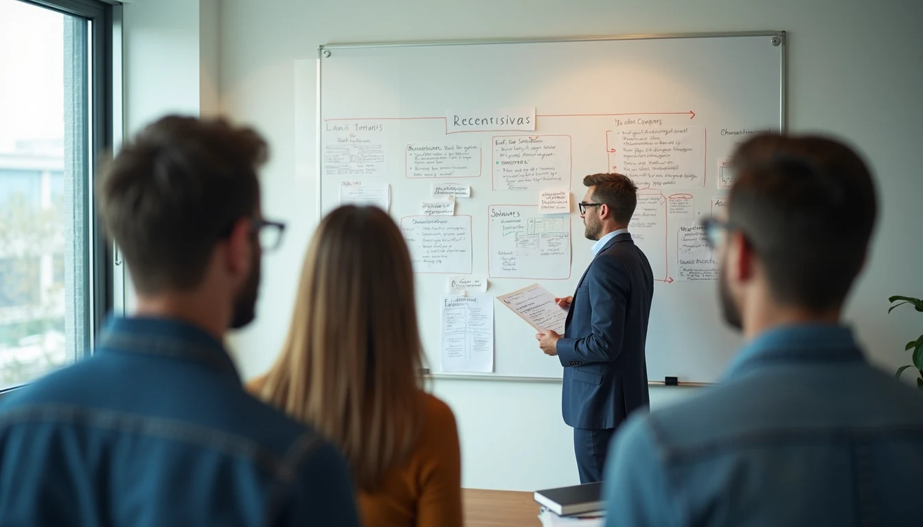 High angle view of a team brainstorming ideas on a whiteboard