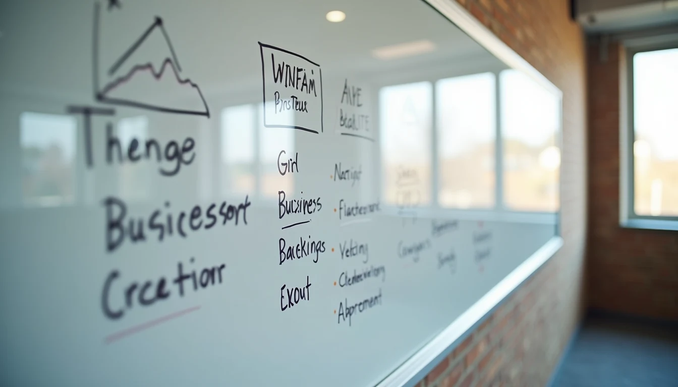 High angle view of a whiteboard with business growth strategy notes
