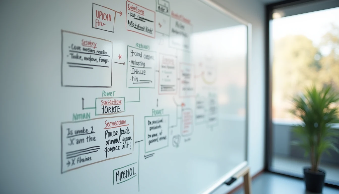 High angle view of a whiteboard with marketing strategy diagrams