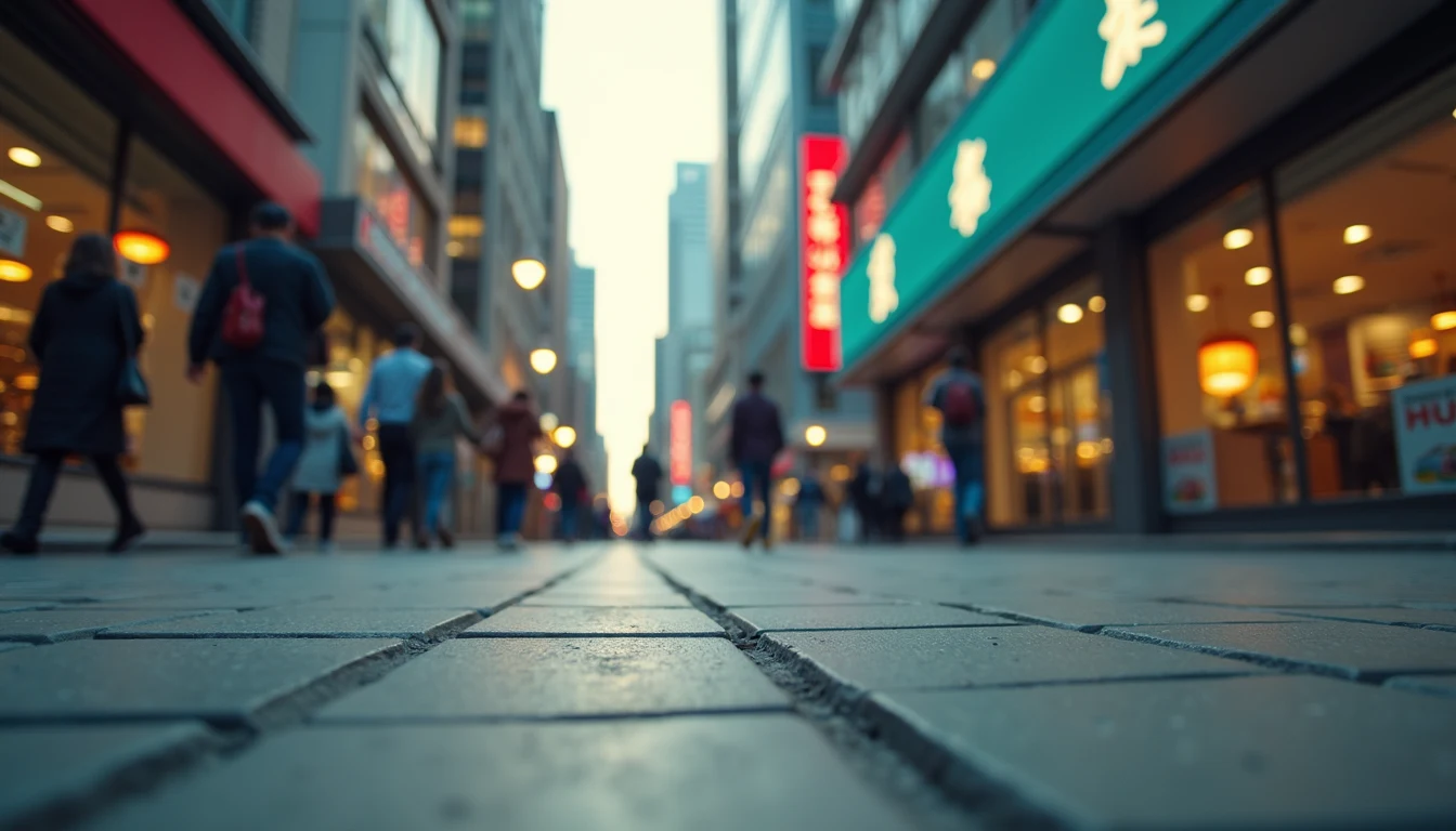 Eye-level view of bustling urban area with potential business locations
