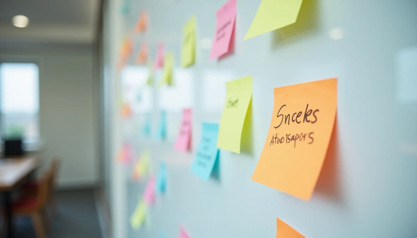 Close-up view of a whiteboard with colourful sticky notes and task assignments