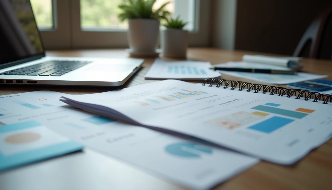 High angle view of marketing materials and laptop on a desk