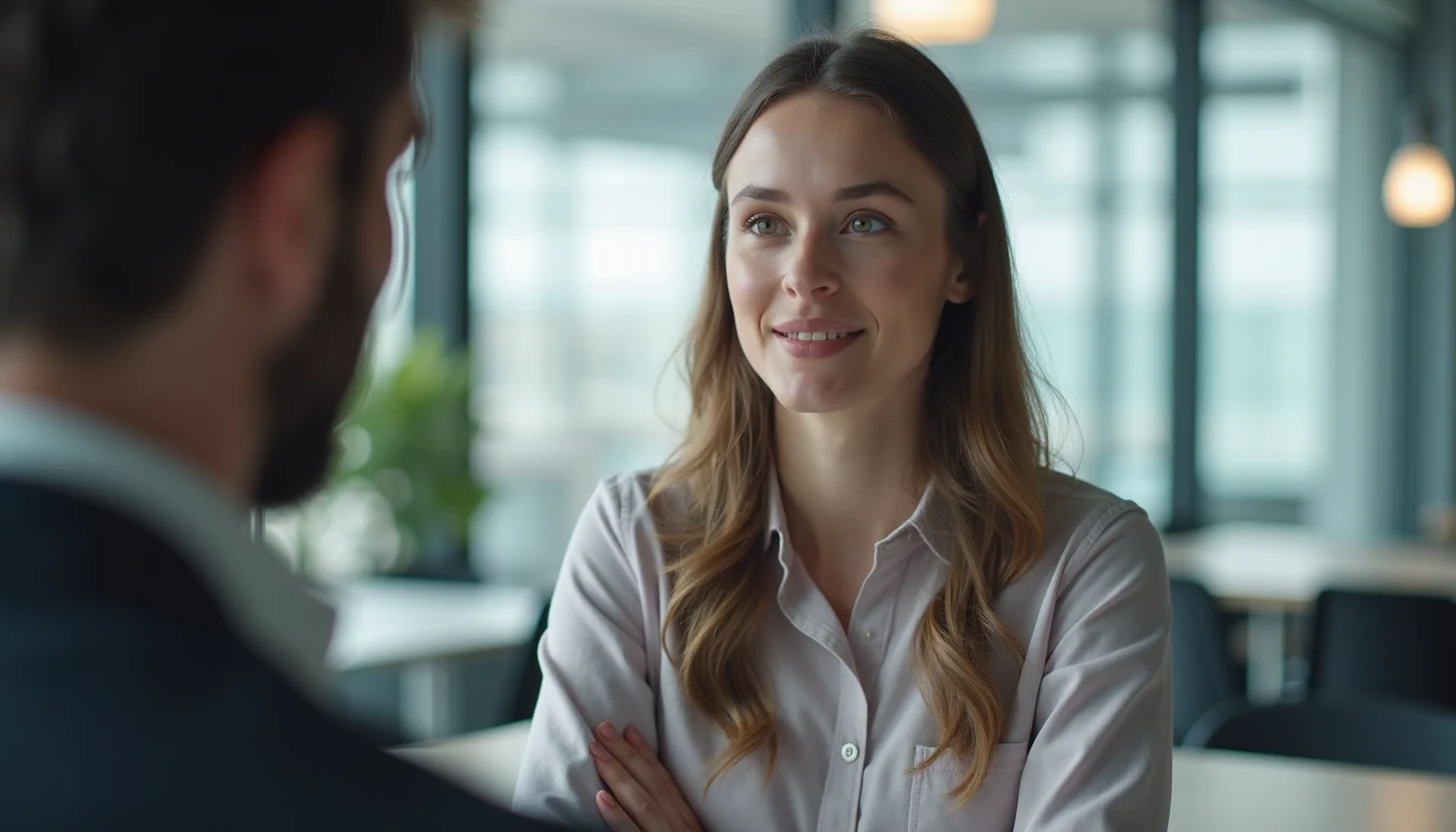 Eye-level view of a salesperson engaging with a client in a modern office