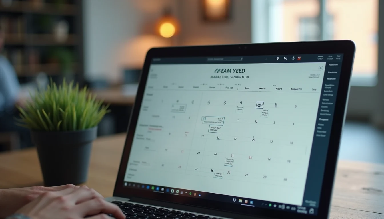Close-up view of a laptop screen displaying a marketing content calendar