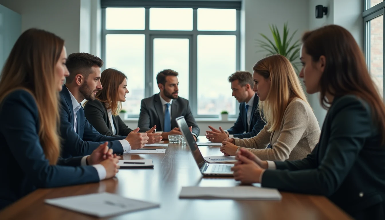 Wide angle view of a collaborative team meeting