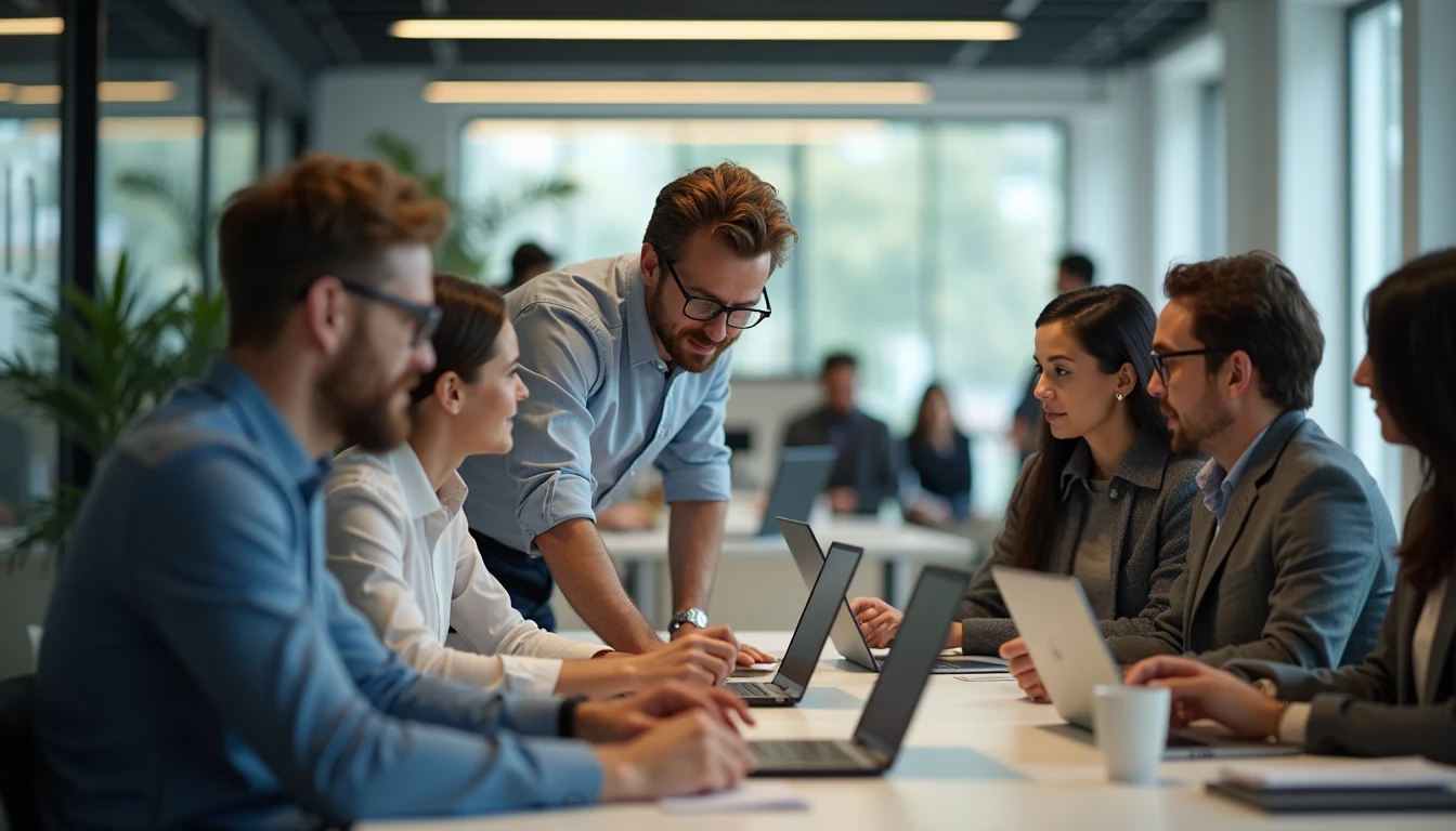 High angle view of a bustling office with a sales team collaborating