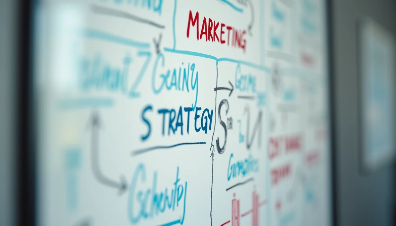 High angle view of a whiteboard with marketing strategy notes and diagrams