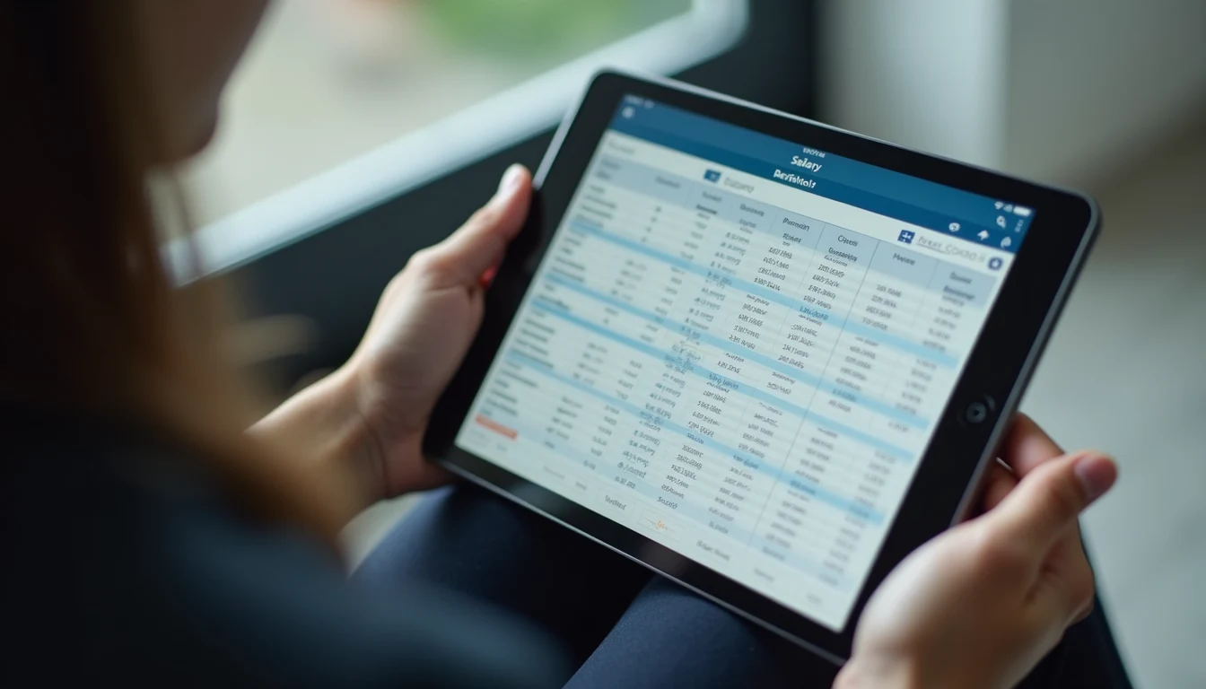 High angle view of a person reviewing salary data on a tablet