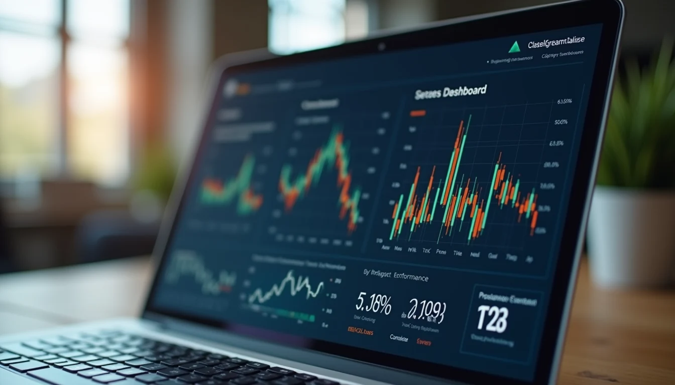 Close-up view of a sales dashboard on a laptop screen showing key performance indicators