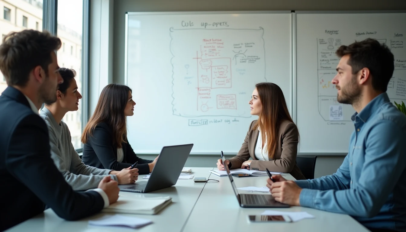 High angle view of a team brainstorming ideas posted on a whiteboard