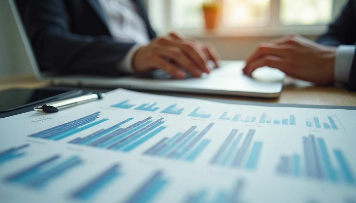 Close-up view of a sales report and laptop on a desk