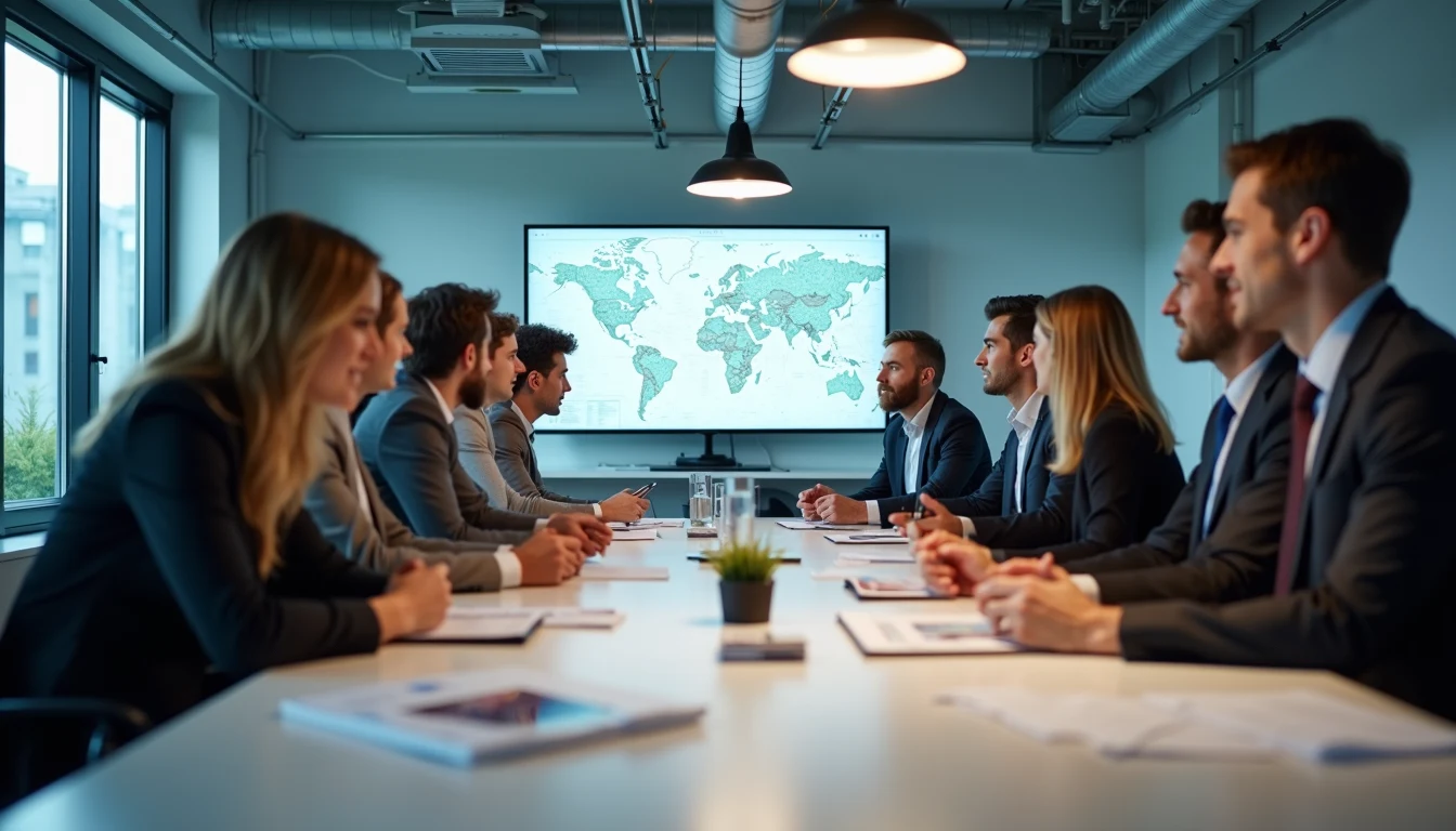 Wide angle view of a busy collaboration workspace with strategic maps
