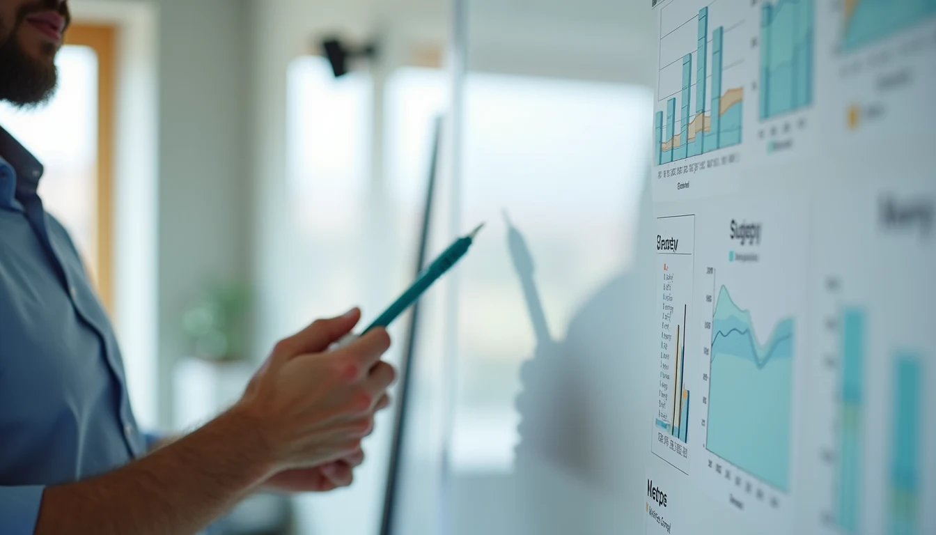 Close-up view of a whiteboard with business strategy notes and charts