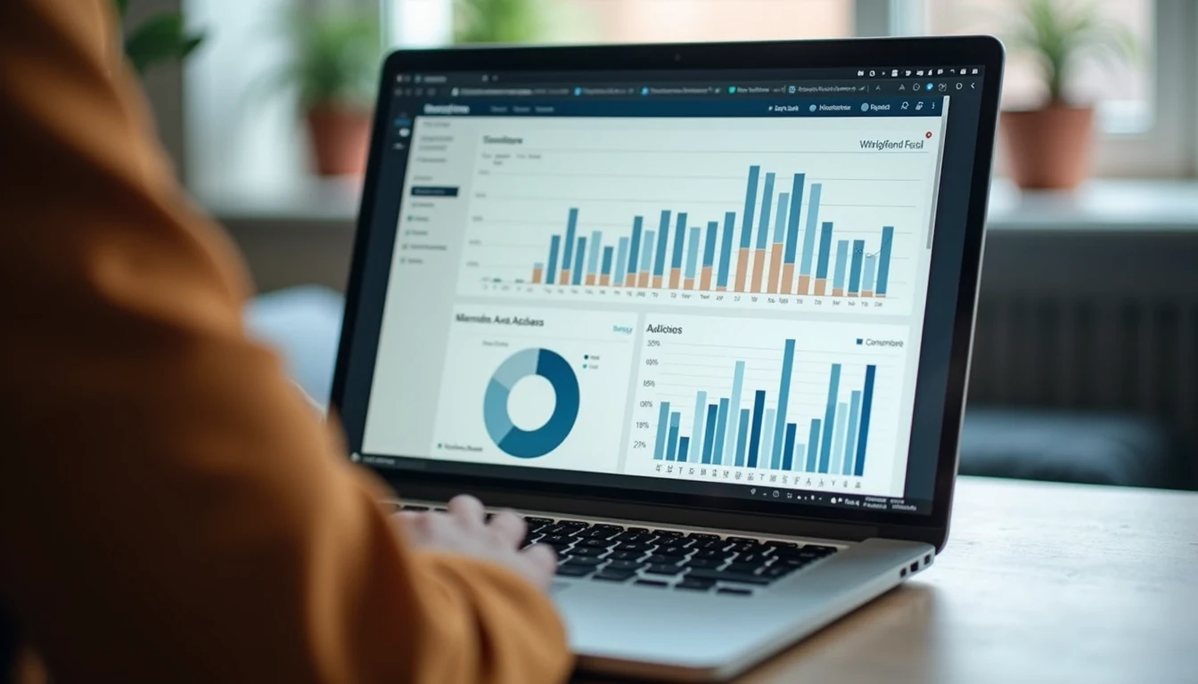 High angle view of a laptop displaying digital marketing analytics